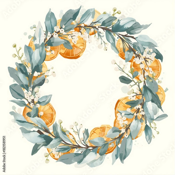 Fototapeta Elegant watercolor wreath of citrus slices and cool-toned leaves forming a delicate circular frame, perfect for seasonal cards and stylish minimalist designs.