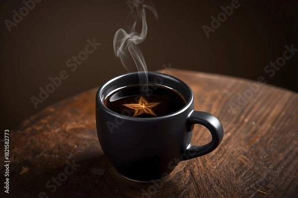 Fototapeta  
Steaming black coffee mug with glowing star reflected in the surface on rustic wood. Moody holiday caffeine concept with warmth and focus.