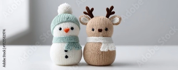 Fototapeta Cute knitted toys featuring a snowman and deer on white background for winter decoration