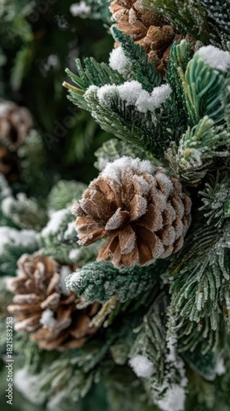 Fototapeta Frost covered pine cones on snowy evergreen branches for winter decoration