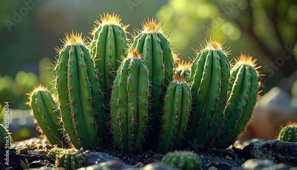 Fototapeta The image displays a cluster of green barrel cacti with spiky thorns atop a rocky