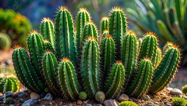 Fototapeta The image showcases a cluster of green cacti with sharp spines, standing tall against a blurred natural