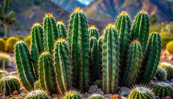 Fototapeta This image showcases a collection of spiky green cacti, beautifully arranged in a desert-like