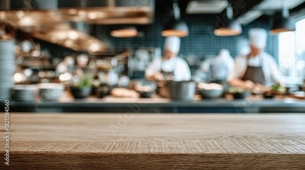 Obraz Wooden tabletop display with blurred restaurant interior background for culinary design and hospitality concepts