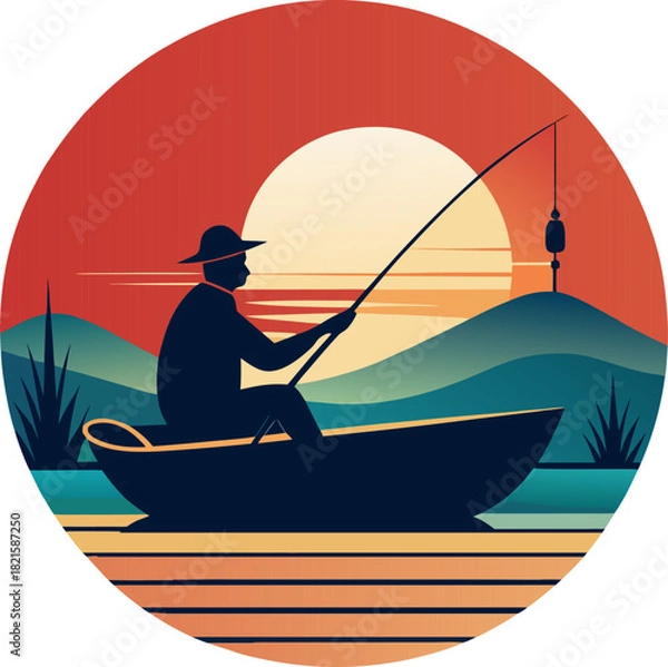 Obraz Silhouette of a lone fisherman in a small boat casting a line on calm waters against a vibrant retro sunset over serene mountains and a peaceful horizon.