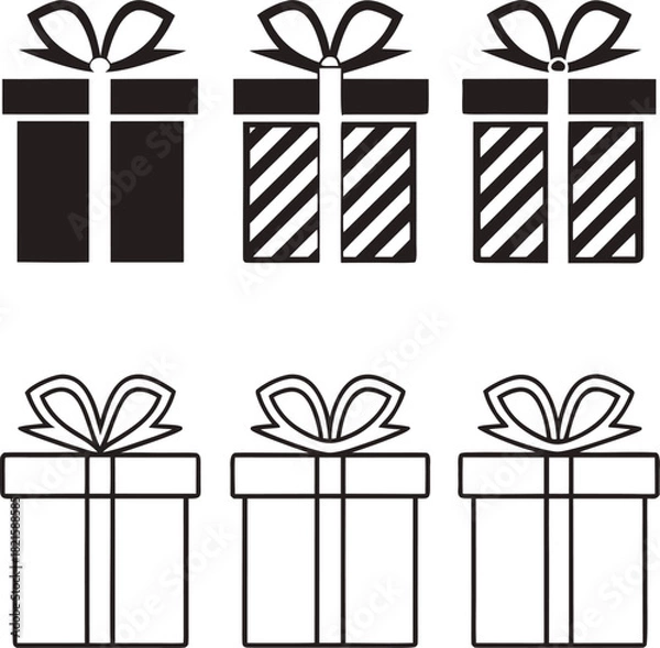 Obraz Collection of black solid and outline gift box icons with ribbons and bows, featuring plain and diagonally striped wrapping for celebration designs and surprises.