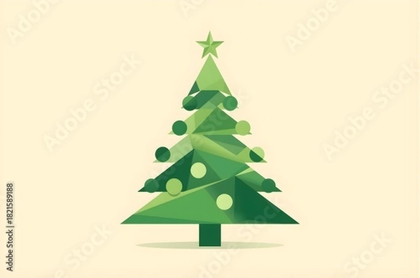 Fototapeta  Minimal geometric Christmas tree with star topper and baubles on a soft cream background. Clean festive icon for cards, posters, web, and branding.
