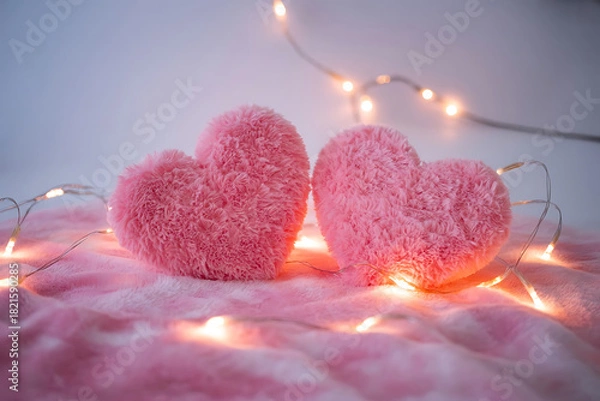 Fototapeta Soft Pink Hearts and Sparkling Lights for a Romantic Valentine’s Day