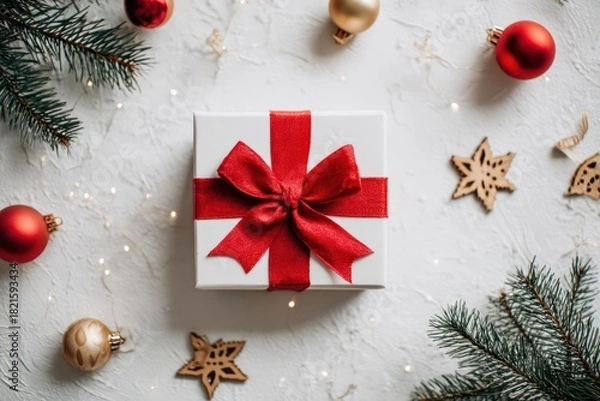 Fototapeta Overhead view of a beautifully wrapped white christmas gift box adorned with a large red satin bow surrounded by festive ornaments and pine branches on a light textured background