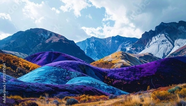 Fototapeta A landscape image displays colorful hills and mountains beneath a partly cloudy