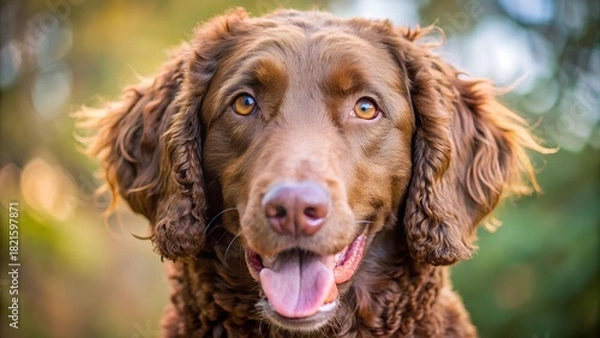 Fototapeta A close-up captures a friendly brown curly-haired retriever dog with expressive eyes and its tongue playfully hanging