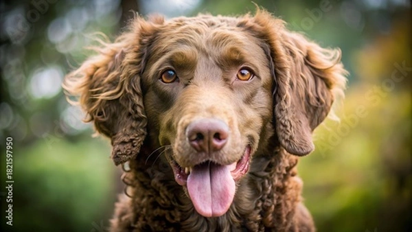 Fototapeta The image showcases a close-up of a brown Chesapeake Bay Retriever against a soft, blurred green