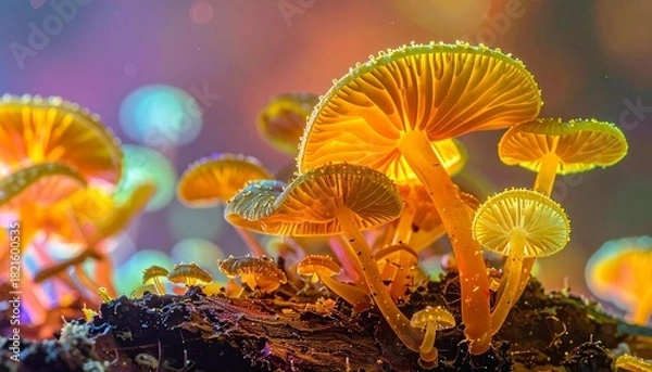 Fototapeta A cluster of golden mushrooms glows vividly against a blurred, colorful backdrop, creating an ethereal and magical woodland