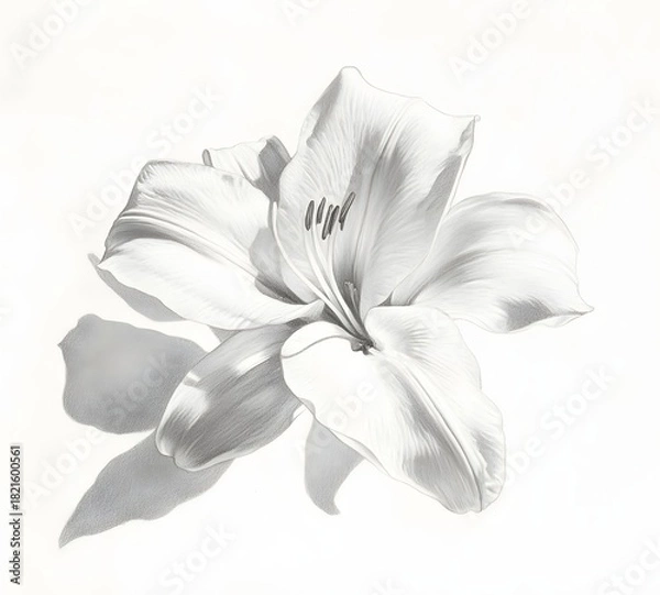 Fototapeta Delicate white lily flower detailed sketch on white background, close-up studio shot