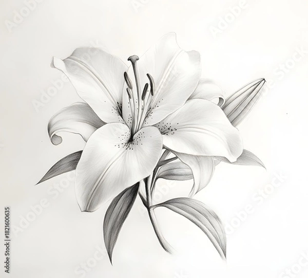 Fototapeta Elegant white lily flower with detailed petals and leaves, isolated on white background
