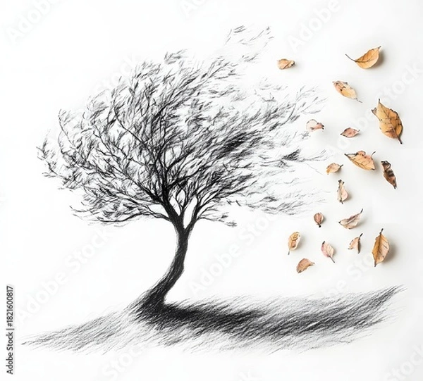 Fototapeta Charcoal sketch of a lone tree with leaves blowing away in the wind