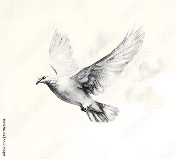 Fototapeta Detailed pencil drawing of a dove in flight, symbolizing peace and freedom.