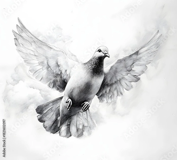 Fototapeta Pigeon in flight, white dove symbolizes peace and freedom, symbolic bird art