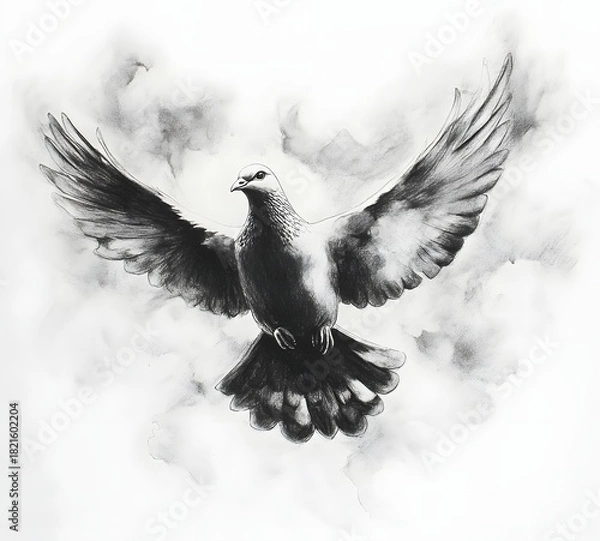Fototapeta Pigeon in flight, charcoal drawing, symbol of peace and freedom, artistic sketch