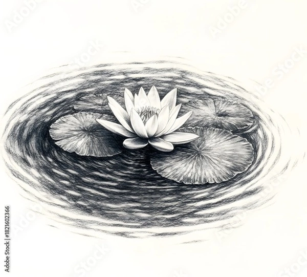 Fototapeta Pencil drawing of a water lily flower floating on rippling water surface with leaves