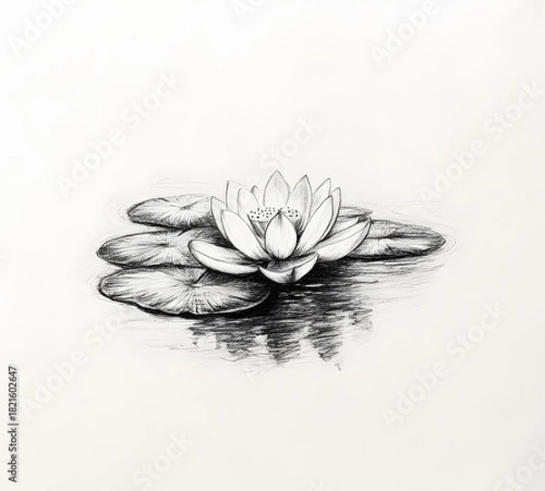 Fototapeta Elegant water lily drawing floating on water with reflection and lily pads