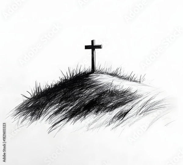 Fototapeta Lone cross on a grassy hill, hand-drawn sketch, minimalist, religious symbol