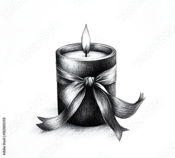 Fototapeta Pencil drawing of a lit candle with a bow tied around it on a white background.
