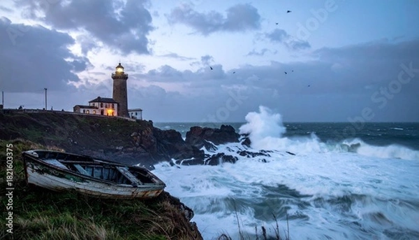 Fototapeta A lighthouse sits on a cliff at dusk, with a wrecked boat and powerful waves crashing against the