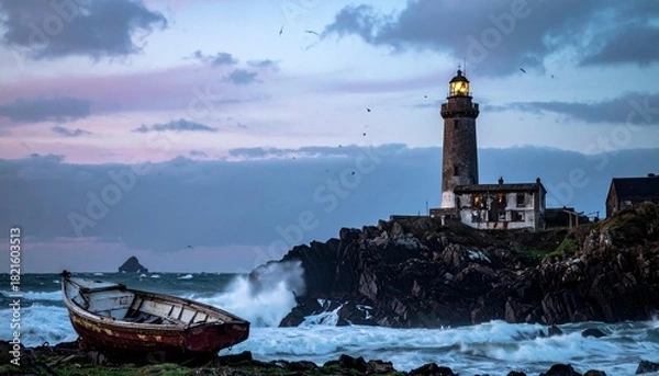 Fototapeta The image features a lighthouse on a rocky coast with dark ocean