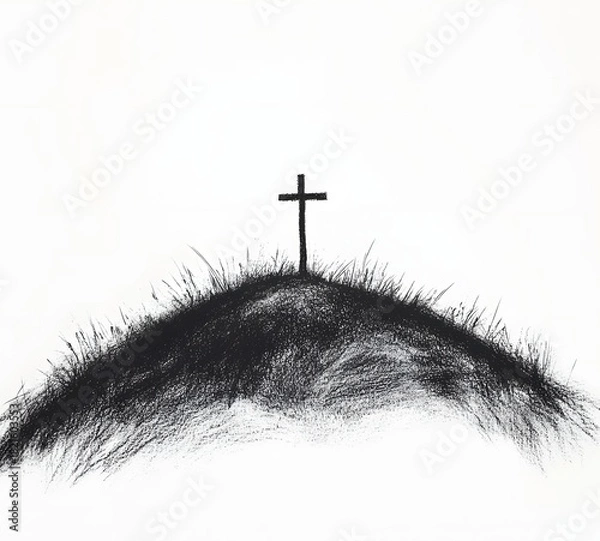 Fototapeta A single cross stands atop a grassy hill against a stark white background.