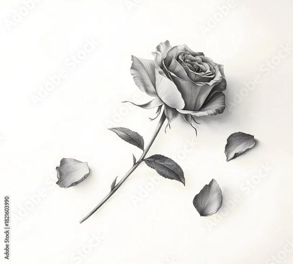 Fototapeta Detailed graphite drawing of a single rose with fallen petals on a white background