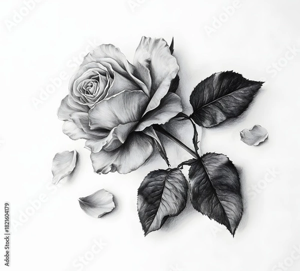 Fototapeta Detailed graphite drawing of a single blooming rose with fallen petals on white