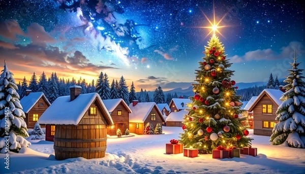 Obraz Magical Christmas Village Scene with Decorated Tree and Gifts.