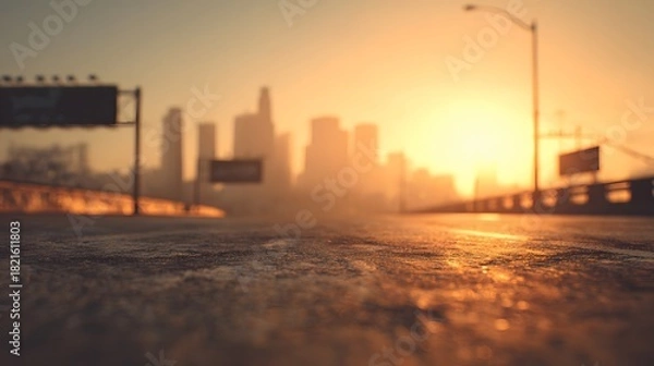 Fototapeta City skyline silhouetted against a warm, hazy sunset over a wet road