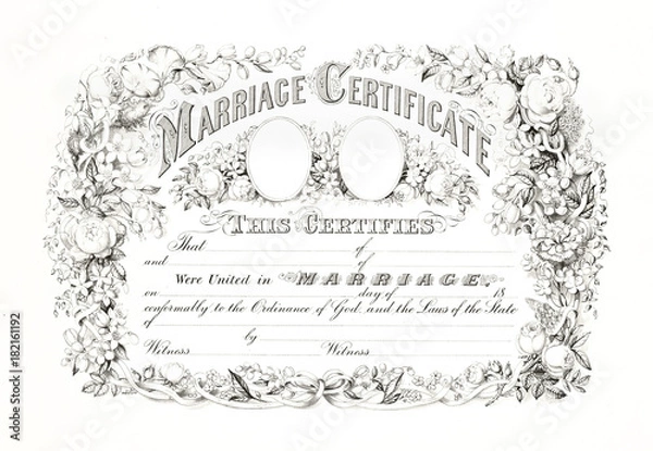 Obraz Reproduction of antique marriage certificate with floral frame. Old illustration by Currier & Ives, publ. in New York, 1875