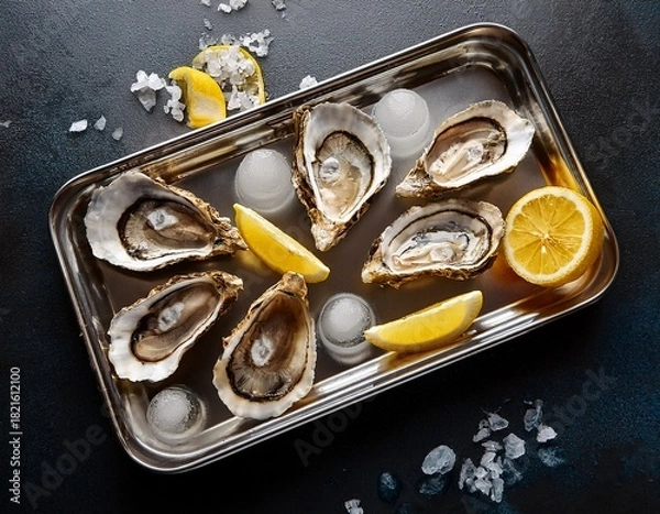 Fototapeta freshly shucked oysters served on a metal tray with ice and lemon slices on a metallic surface