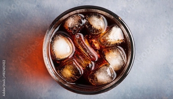 Fototapeta top down view of a round glass of iced cola