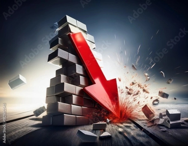 Fototapeta dramatic financial downturn with red arrow crashing through stacked blocks symbolizing market crash and economic recession with powerful visual impact