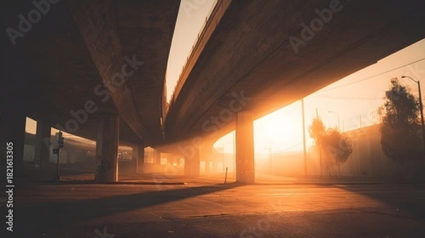Fototapeta Urban highway overpass at sunrise, casting long shadows on the road surface.