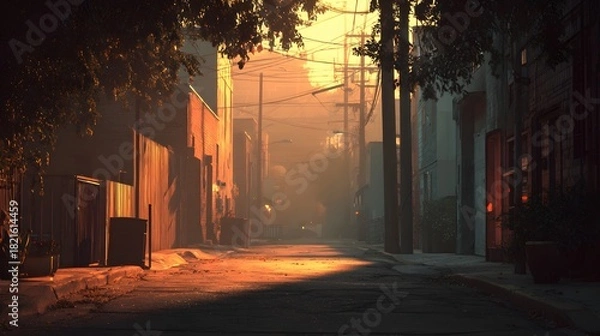 Fototapeta Urban alley bathed in warm sunset light with visible power lines overhead