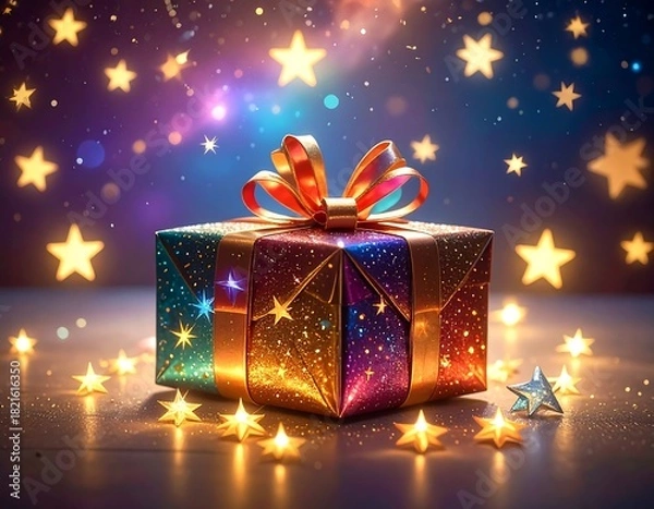 Obraz Magical Gift Box Surrounded by Stars and Colorful Lights.