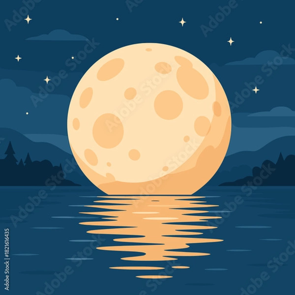Fototapeta Full moon reflecting on a calm lake at night with stars