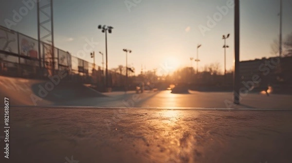 Fototapeta Skatepark at sunset with warm golden light illuminating concrete ramps and structures