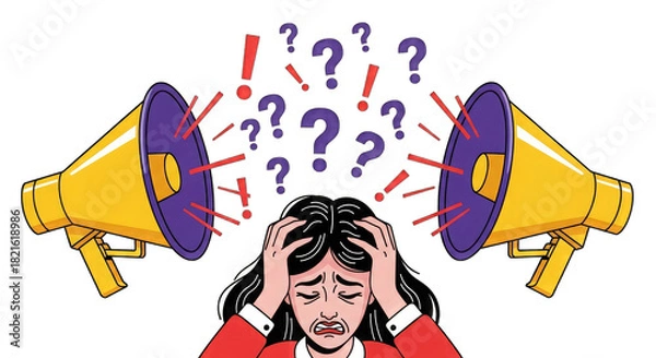 Obraz Woman overwhelmed by noise and questions isolated on a transparent background