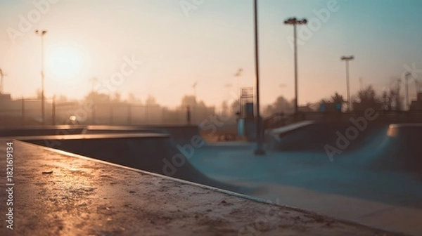 Fototapeta Urban skatepark at sunrise with warm light and fog in the background