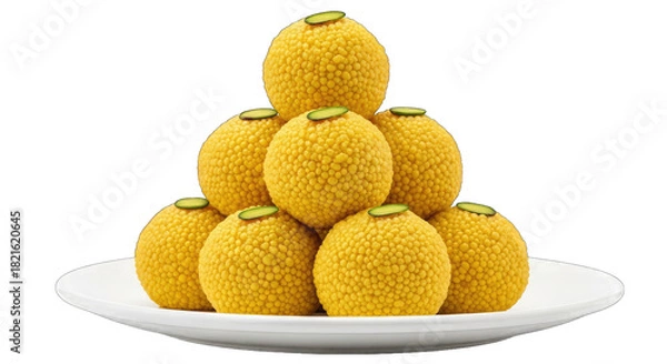 Fototapeta Yellow Laddu Stack on White Plate isolated on a transparent background