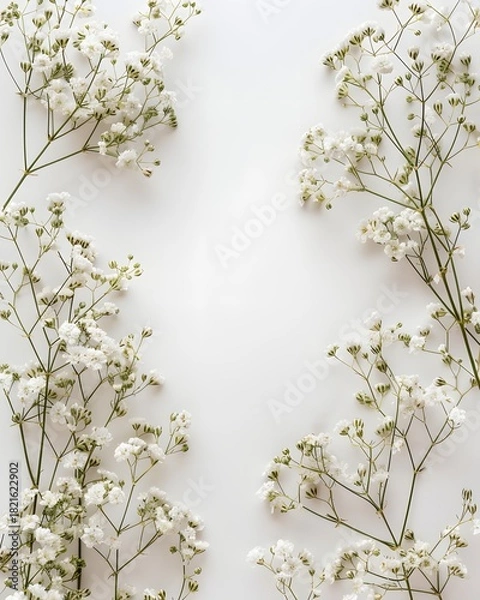 Fototapeta Delicate white baby's breath flowers arranged on a plain white background with copy space