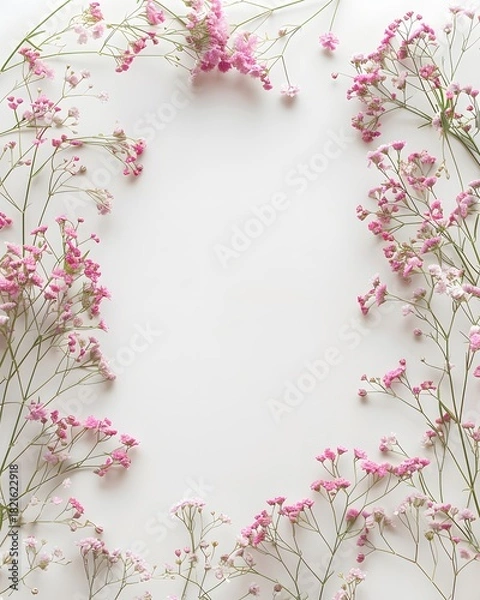 Fototapeta Pink baby's breath flowers frame white copy space, delicate floral border, studio shot