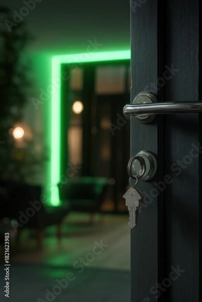 Obraz Open Door with House-Shaped Key – Modern Home Entrance at Night