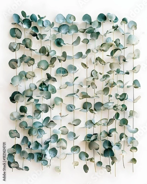 Fototapeta Eucalyptus leaves hanging vertically on delicate stems, creating a natural curtain effect.